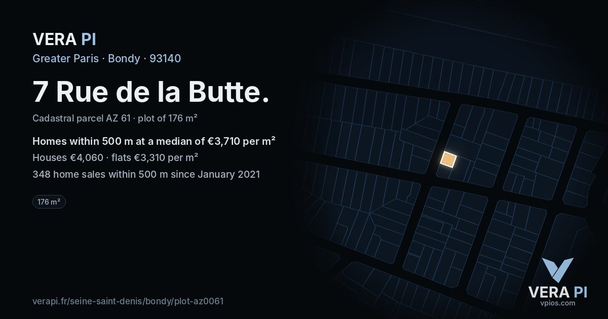 7 Rue de la Butte, Bondy at night – the plot lit, the parcels around coloured by the prices near them