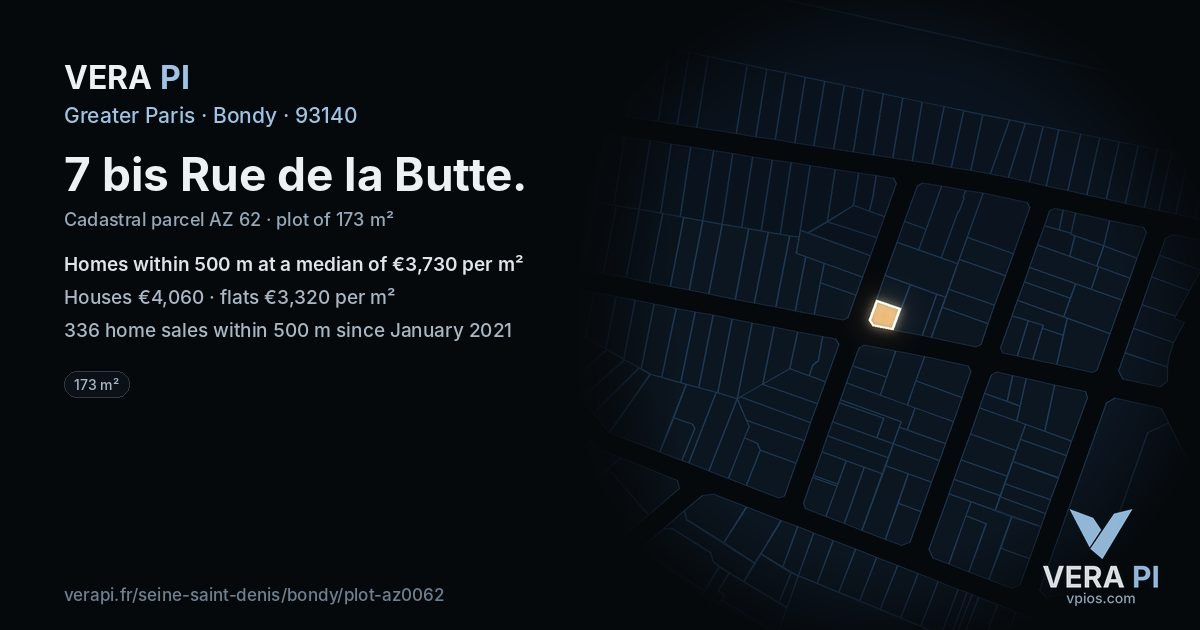 7 bis Rue de la Butte, Bondy at night – the plot lit, the parcels around coloured by the prices near them