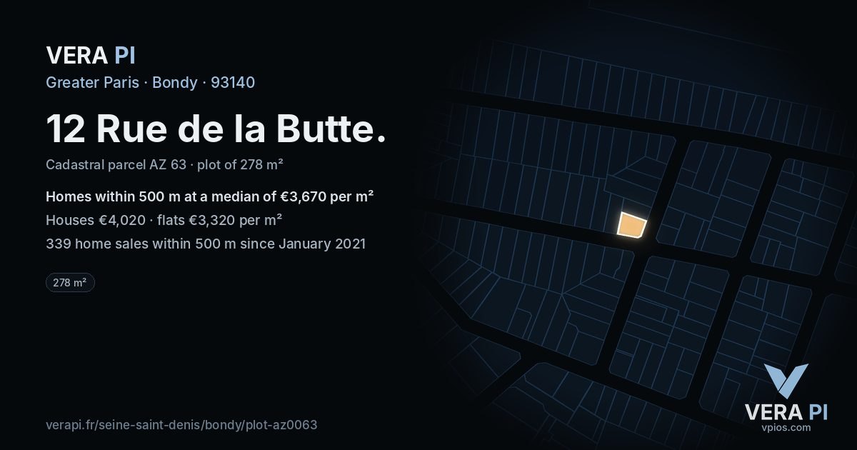 12 Rue de la Butte, Bondy at night – the plot lit, the parcels around coloured by the prices near them