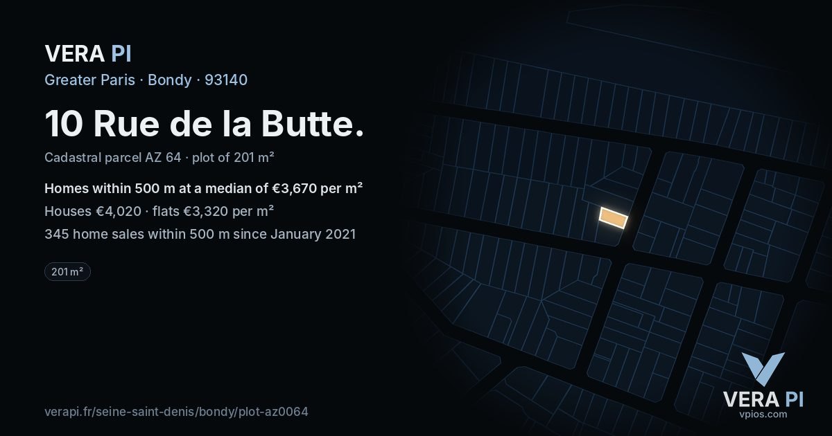 10 Rue de la Butte, Bondy at night – the plot lit, the parcels around coloured by the prices near them