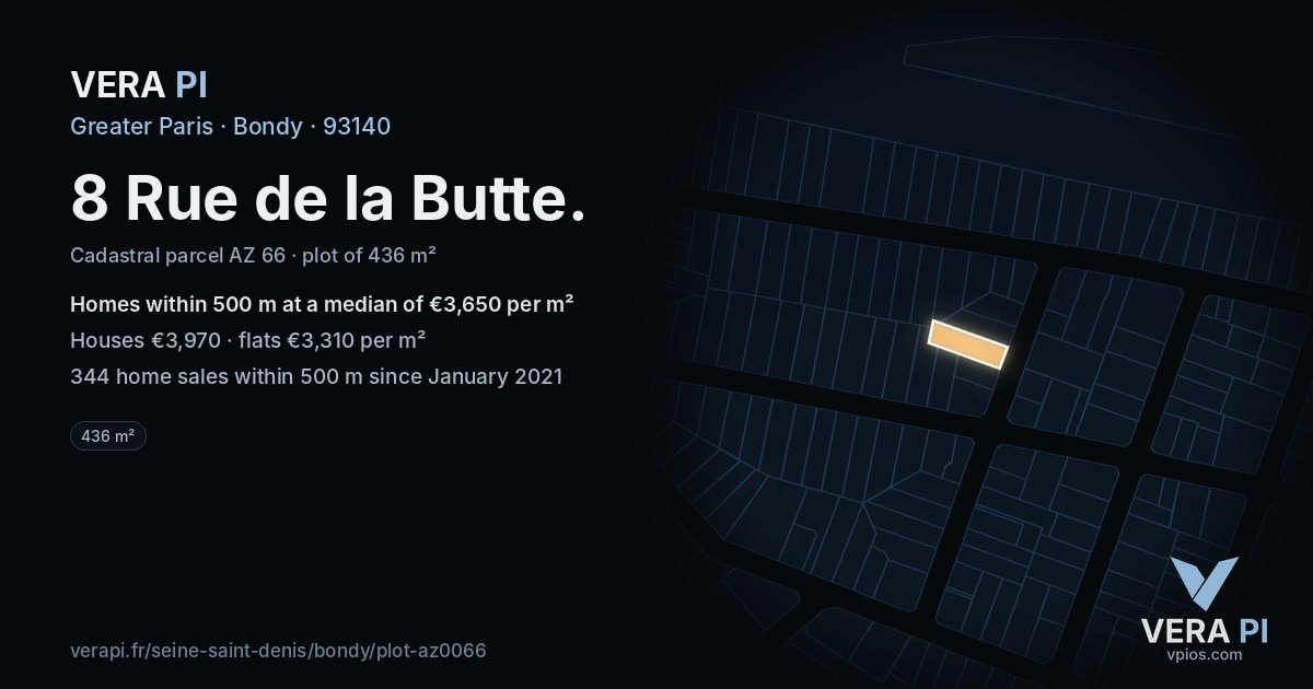 8 Rue de la Butte, Bondy at night – the plot lit, the parcels around coloured by the prices near them