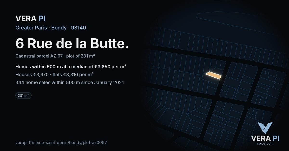6 Rue de la Butte, Bondy at night – the plot lit, the parcels around coloured by the prices near them