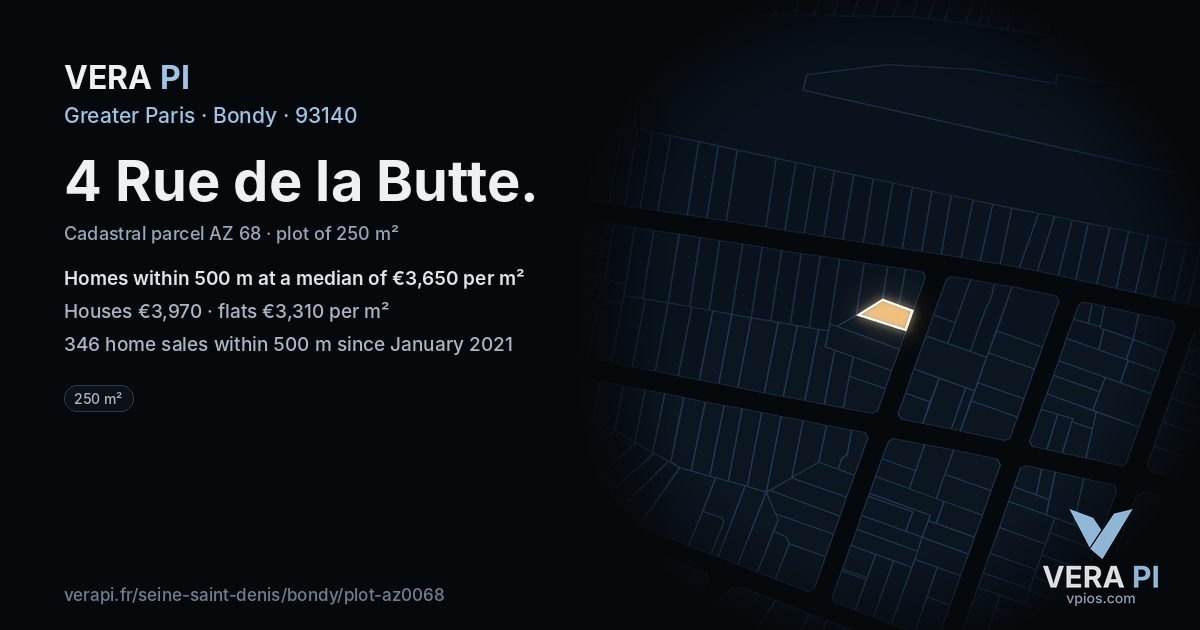 4 Rue de la Butte, Bondy at night – the plot lit, the parcels around coloured by the prices near them