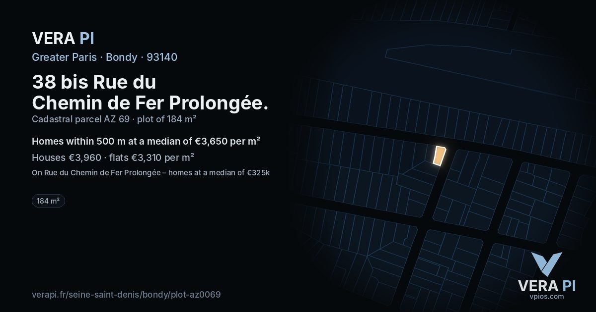 38 bis Rue du Chemin de Fer Prolongée, Bondy at night – the plot lit, the parcels around coloured by the prices near them