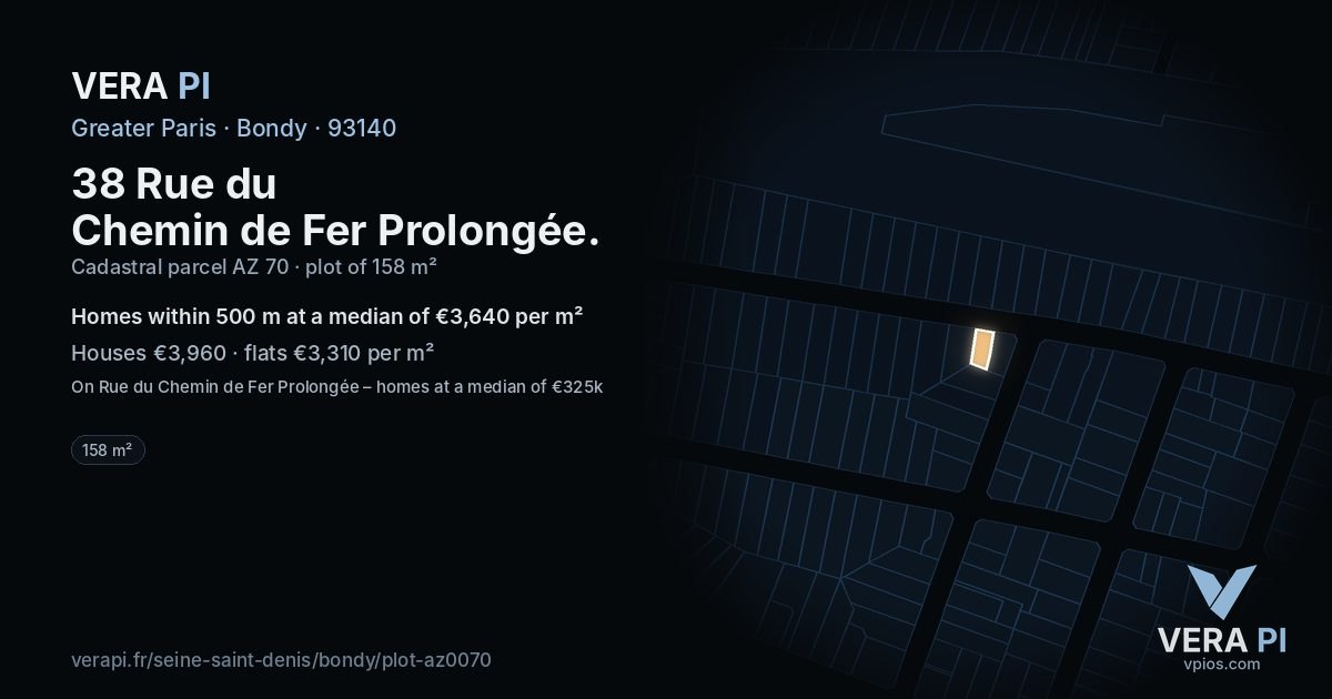 38 Rue du Chemin de Fer Prolongée, Bondy at night – the plot lit, the parcels around coloured by the prices near them