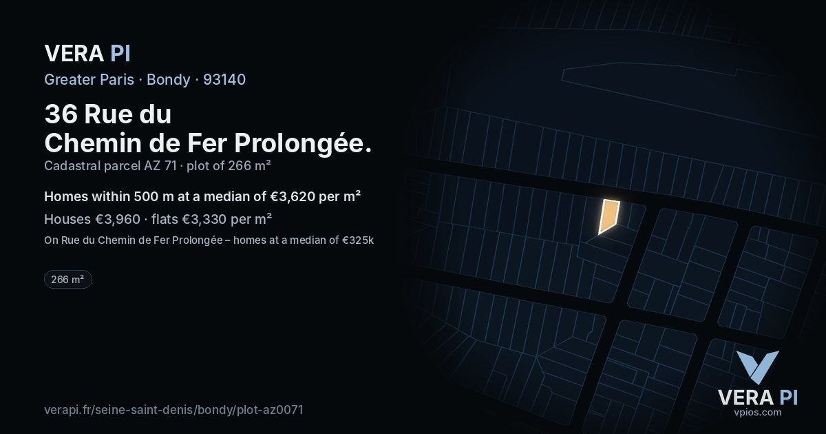 36 Rue du Chemin de Fer Prolongée, Bondy at night – the plot lit, the parcels around coloured by the prices near them