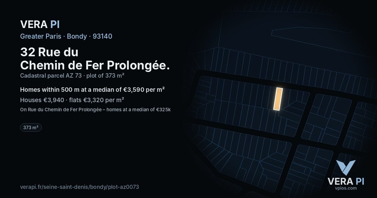 32 Rue du Chemin de Fer Prolongée, Bondy at night – the plot lit, the parcels around coloured by the prices near them