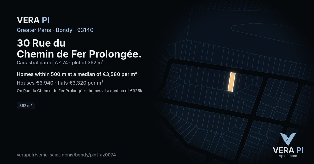 30 Rue du Chemin de Fer Prolongée, Bondy at night – the plot lit, the parcels around coloured by the prices near them