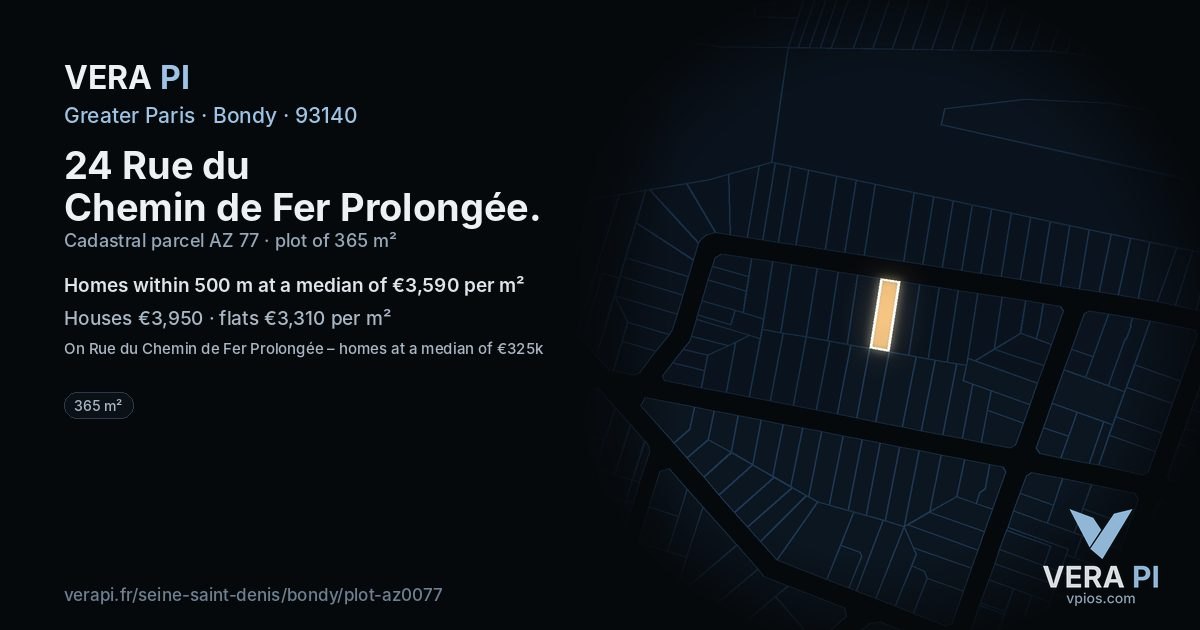24 Rue du Chemin de Fer Prolongée, Bondy at night – the plot lit, the parcels around coloured by the prices near them