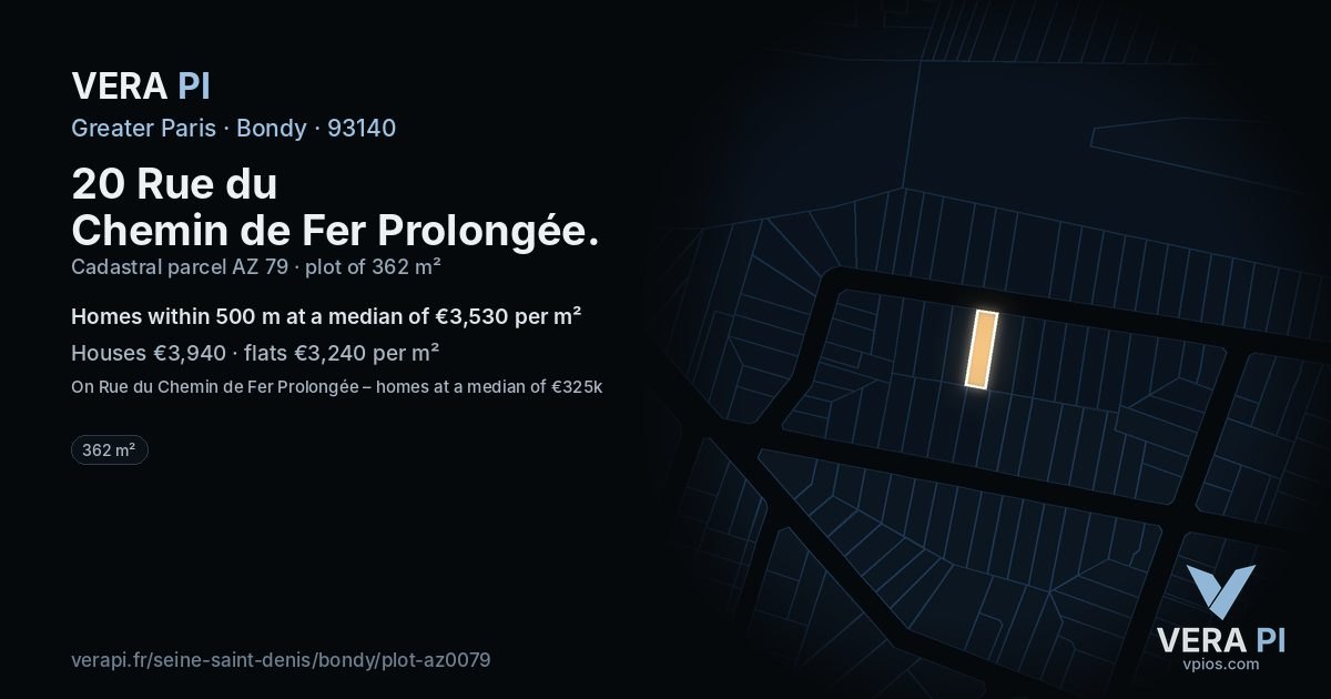 20 Rue du Chemin de Fer Prolongée, Bondy at night – the plot lit, the parcels around coloured by the prices near them