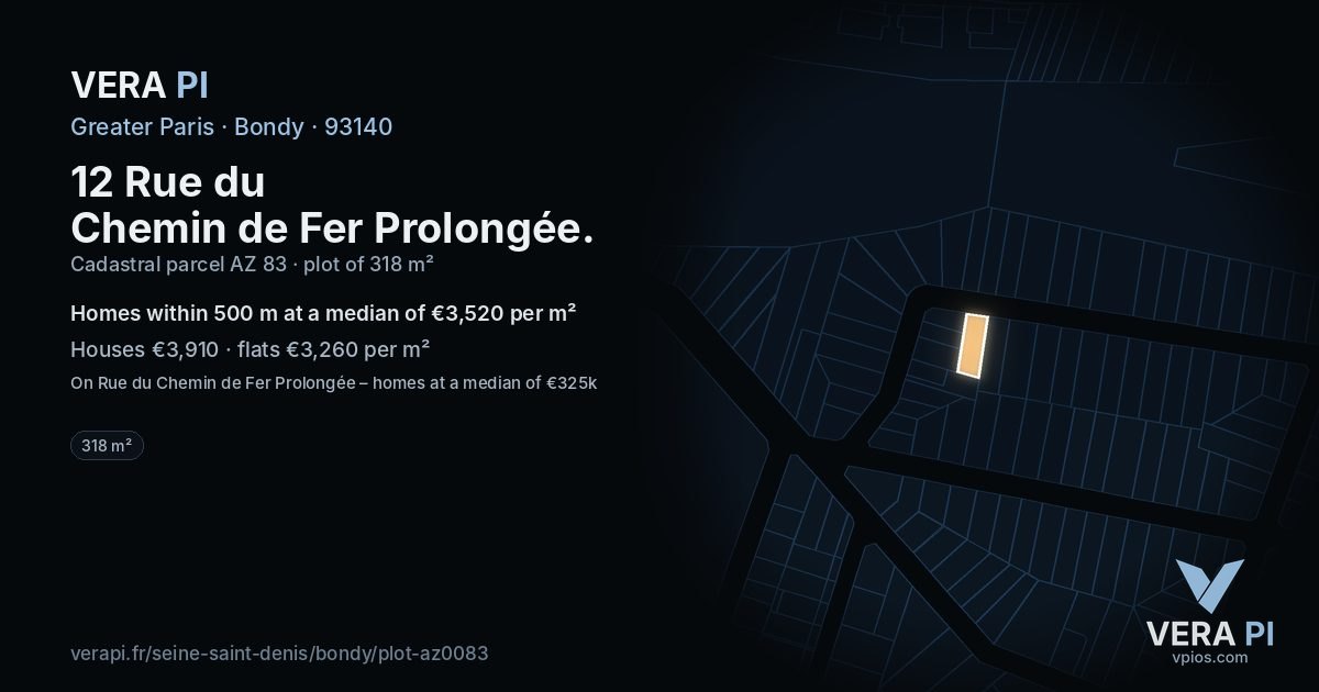 12 Rue du Chemin de Fer Prolongée, Bondy at night – the plot lit, the parcels around coloured by the prices near them