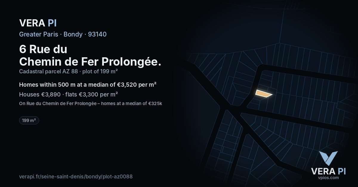 6 Rue du Chemin de Fer Prolongée, Bondy at night – the plot lit, the parcels around coloured by the prices near them