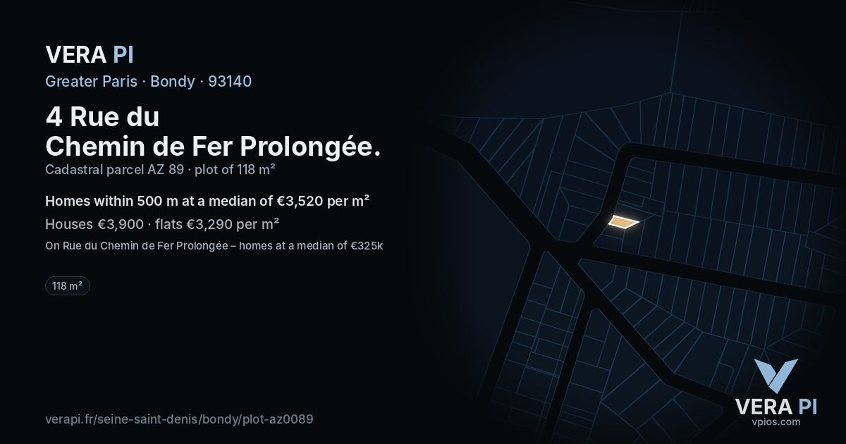 4 Rue du Chemin de Fer Prolongée, Bondy at night – the plot lit, the parcels around coloured by the prices near them