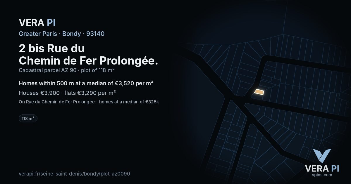 2 bis Rue du Chemin de Fer Prolongée, Bondy at night – the plot lit, the parcels around coloured by the prices near them