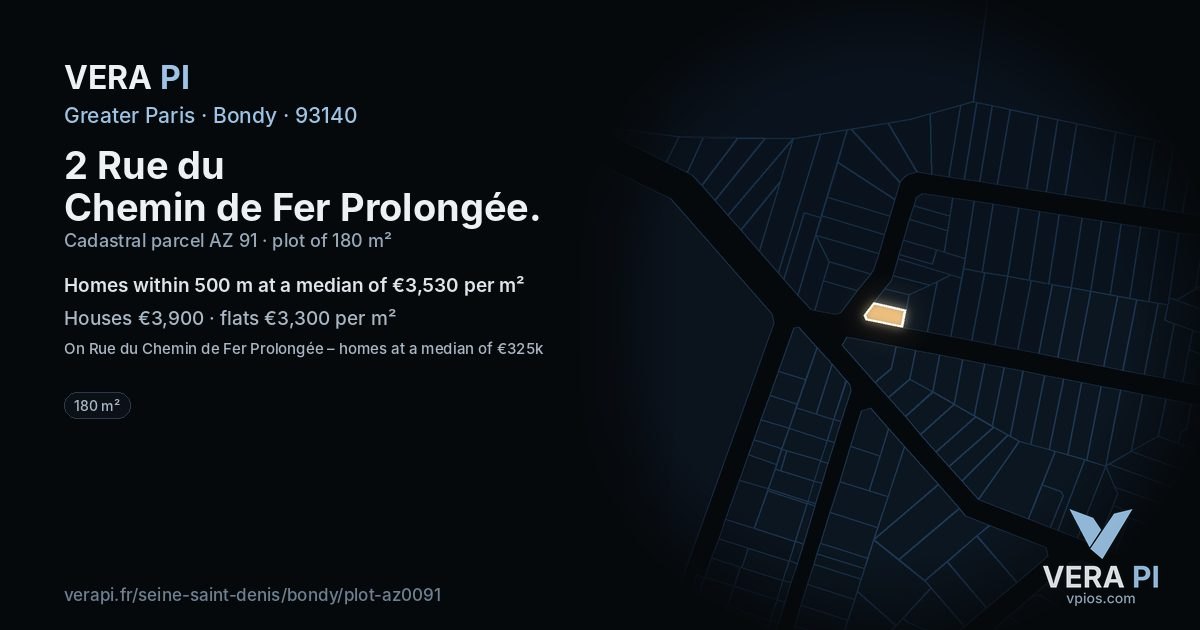 2 Rue du Chemin de Fer Prolongée, Bondy at night – the plot lit, the parcels around coloured by the prices near them