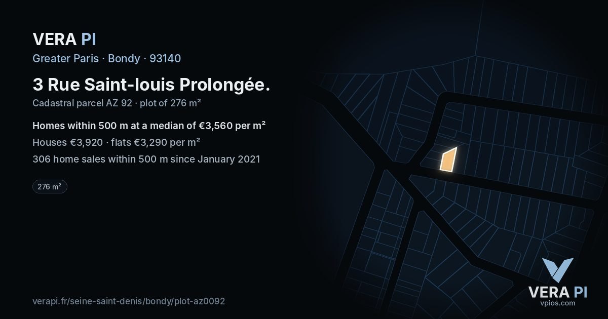 3 Rue Saint-louis Prolongée, Bondy at night – the plot lit, the parcels around coloured by the prices near them