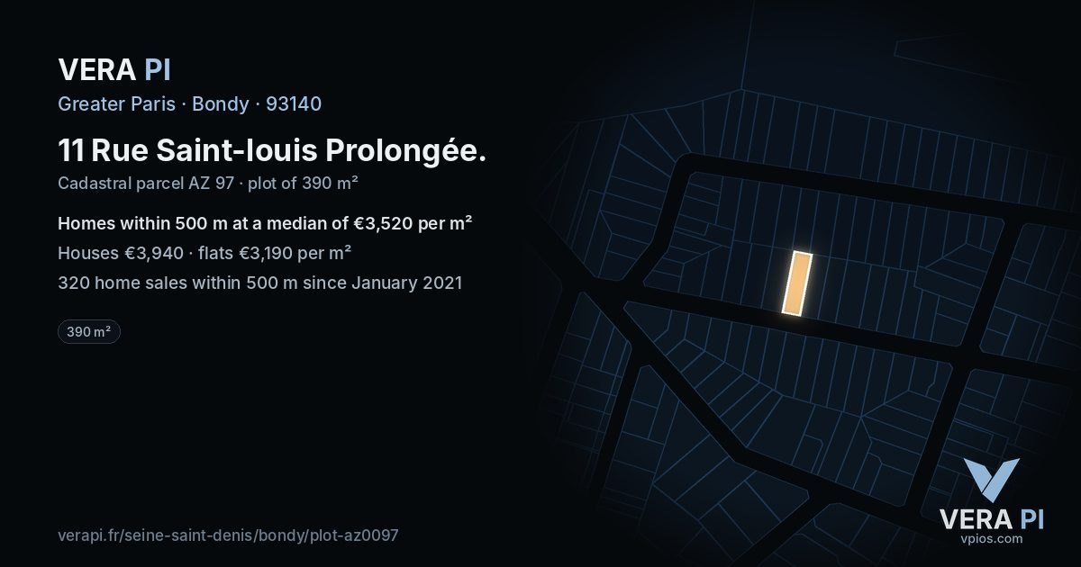 11 Rue Saint-louis Prolongée, Bondy at night – the plot lit, the parcels around coloured by the prices near them