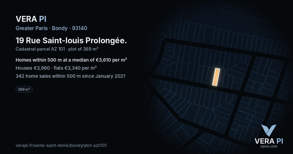 19 Rue Saint-louis Prolongée, Bondy at night – the plot lit, the parcels around coloured by the prices near them