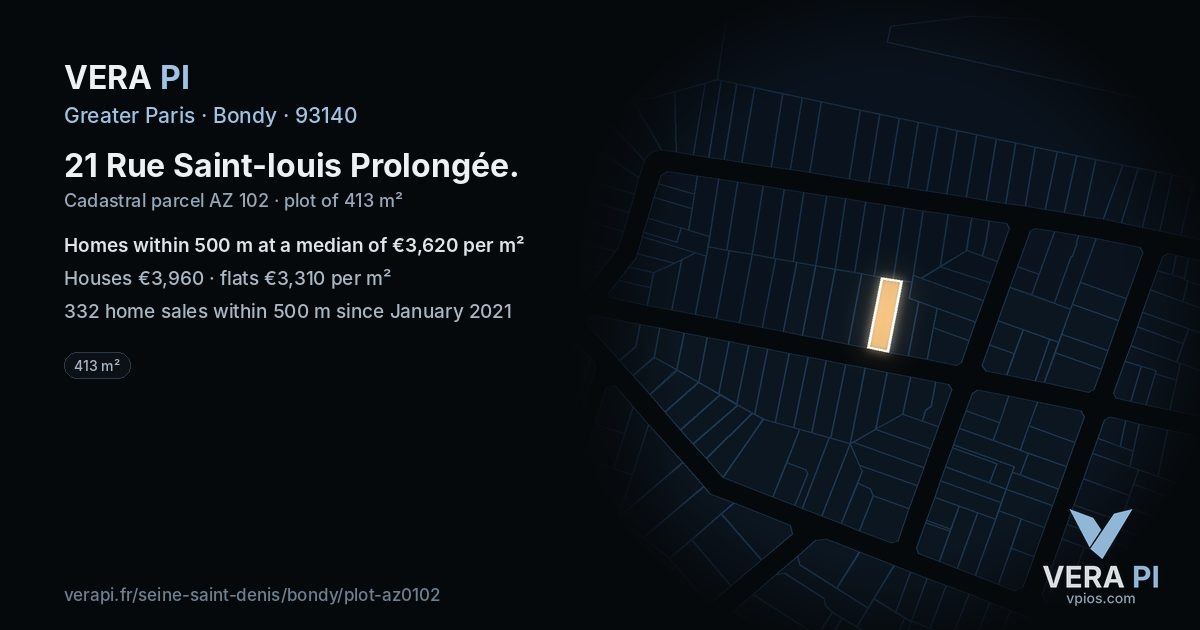 21 Rue Saint-louis Prolongée, Bondy at night – the plot lit, the parcels around coloured by the prices near them