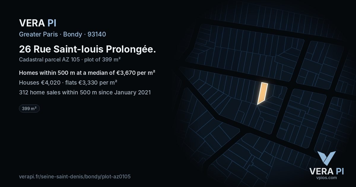 26 Rue Saint-louis Prolongée, Bondy at night – the plot lit, the parcels around coloured by the prices near them