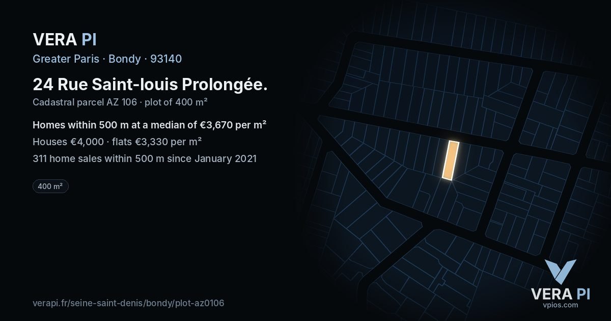 24 Rue Saint-louis Prolongée, Bondy at night – the plot lit, the parcels around coloured by the prices near them