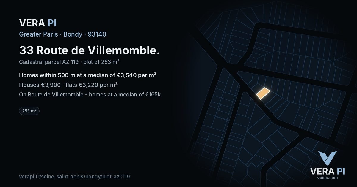 33 Route de Villemomble, Bondy at night – the plot lit, the parcels around coloured by the prices near them