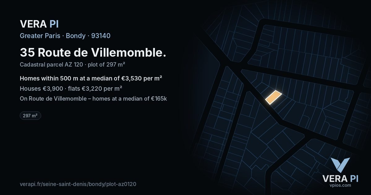 35 Route de Villemomble, Bondy at night – the plot lit, the parcels around coloured by the prices near them