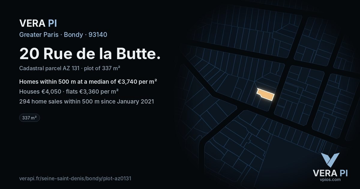 20 Rue de la Butte, Bondy at night – the plot lit, the parcels around coloured by the prices near them
