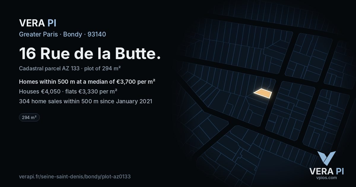 16 Rue de la Butte, Bondy at night – the plot lit, the parcels around coloured by the prices near them
