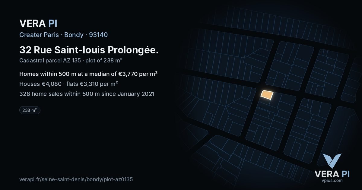 32 Rue Saint-louis Prolongée, Bondy at night – the plot lit, the parcels around coloured by the prices near them