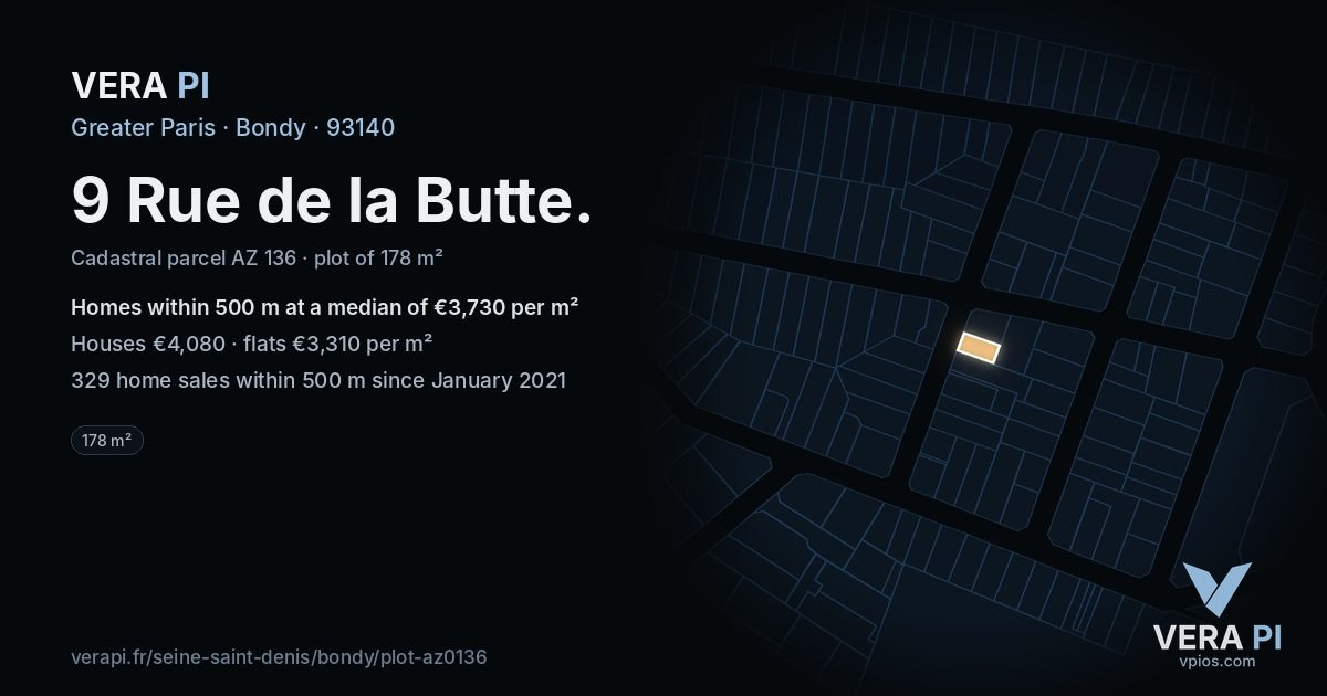9 Rue de la Butte, Bondy at night – the plot lit, the parcels around coloured by the prices near them