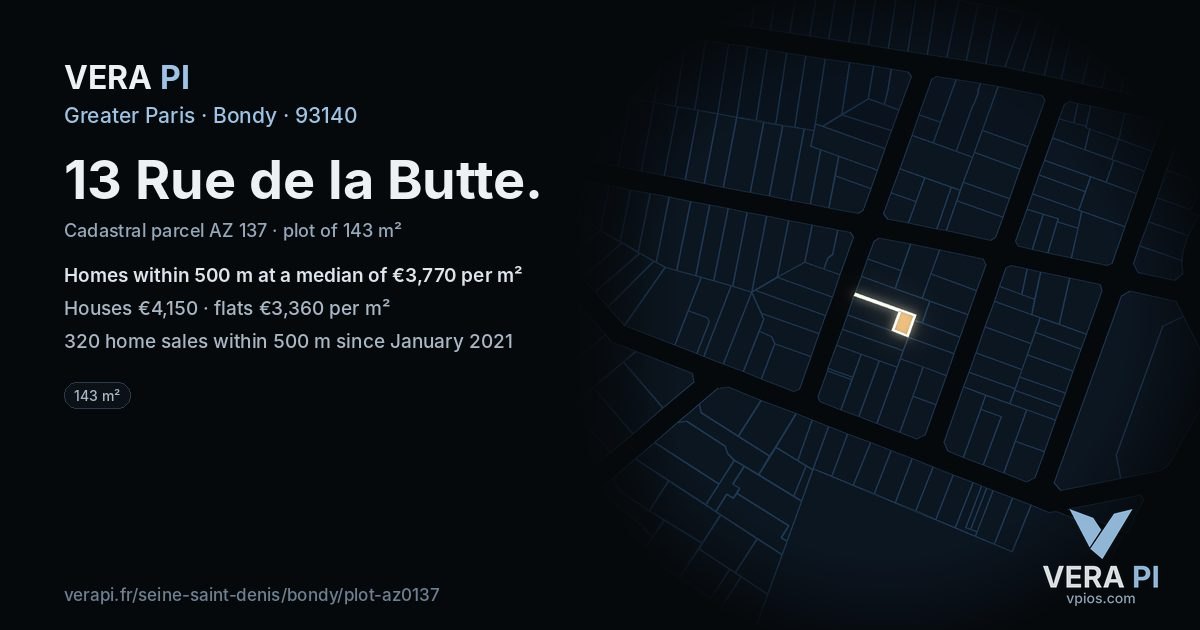 13 Rue de la Butte, Bondy at night – the plot lit, the parcels around coloured by the prices near them