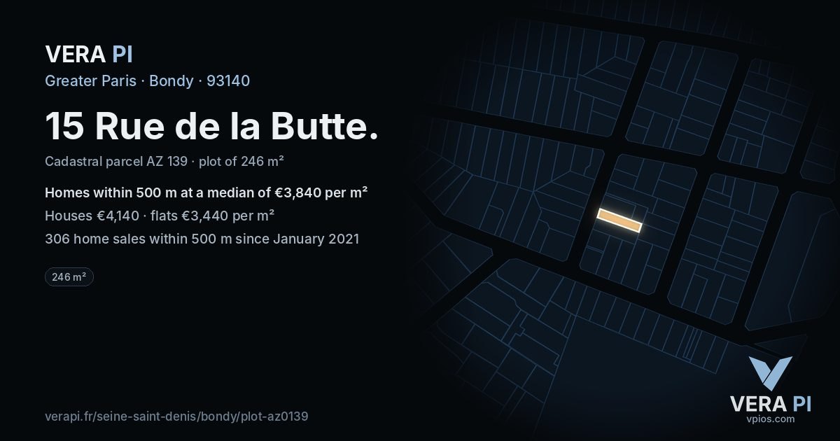 15 Rue de la Butte, Bondy at night – the plot lit, the parcels around coloured by the prices near them
