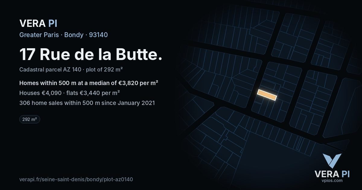 17 Rue de la Butte, Bondy at night – the plot lit, the parcels around coloured by the prices near them