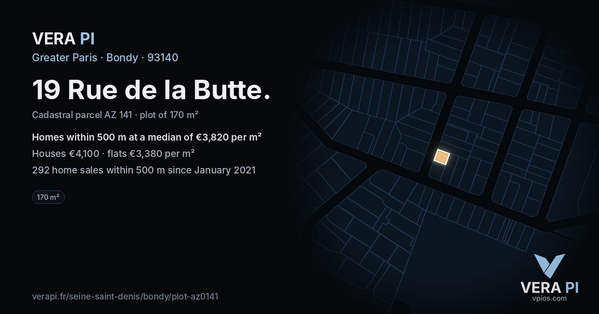 19 Rue de la Butte, Bondy at night – the plot lit, the parcels around coloured by the prices near them