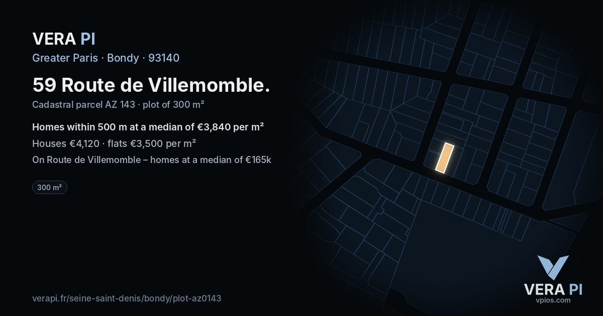 59 Route de Villemomble, Bondy at night – the plot lit, the parcels around coloured by the prices near them