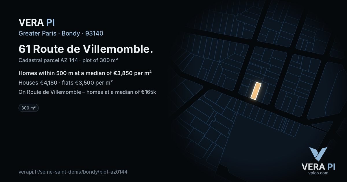 61 Route de Villemomble, Bondy at night – the plot lit, the parcels around coloured by the prices near them