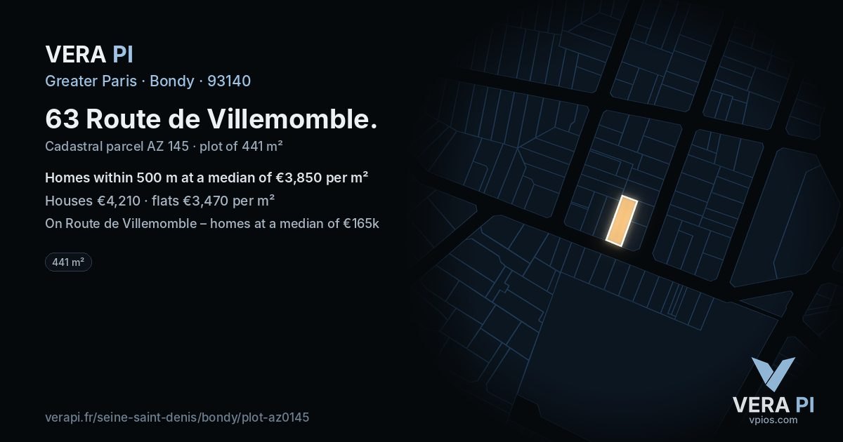 63 Route de Villemomble, Bondy at night – the plot lit, the parcels around coloured by the prices near them