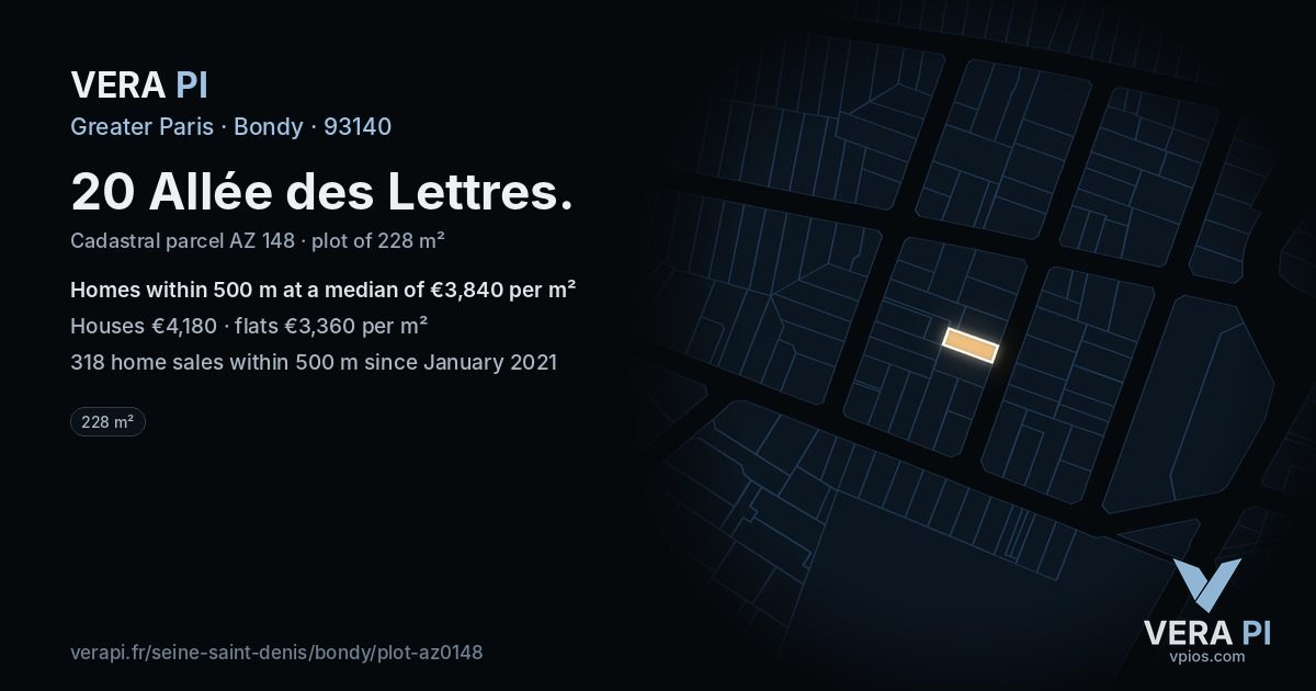 20 Allée des Lettres, Bondy at night – the plot lit, the parcels around coloured by the prices near them