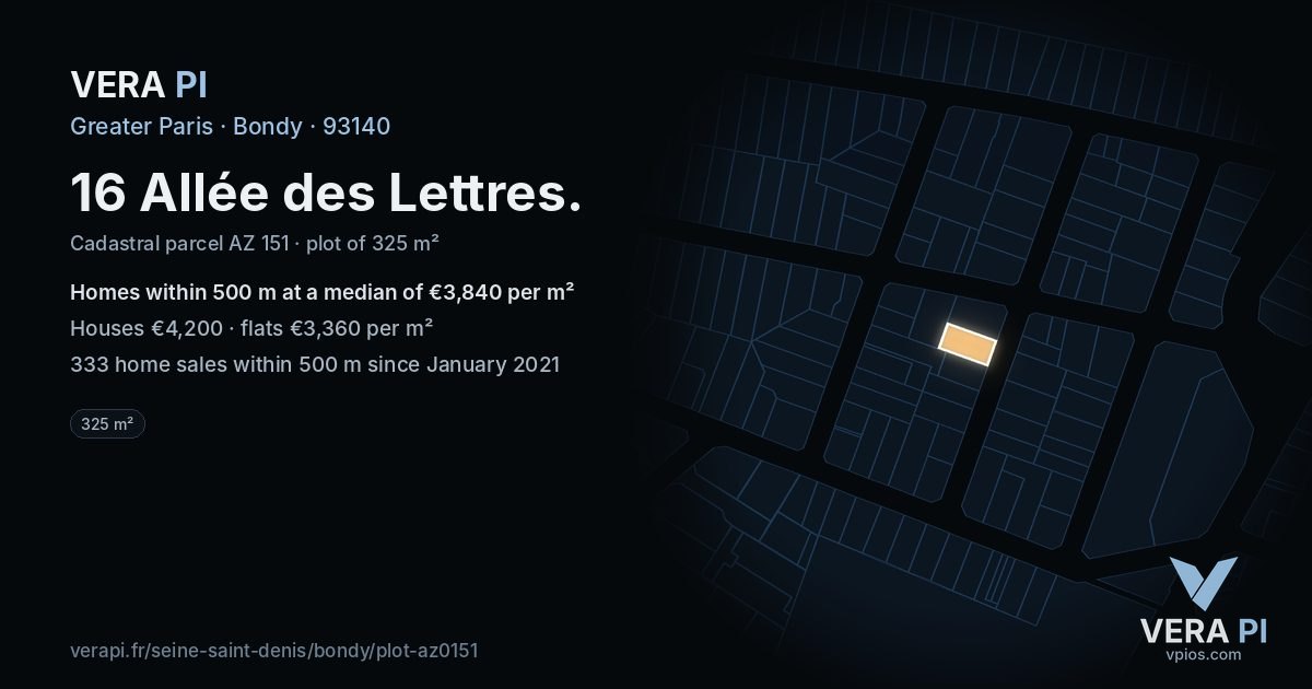 16 Allée des Lettres, Bondy at night – the plot lit, the parcels around coloured by the prices near them