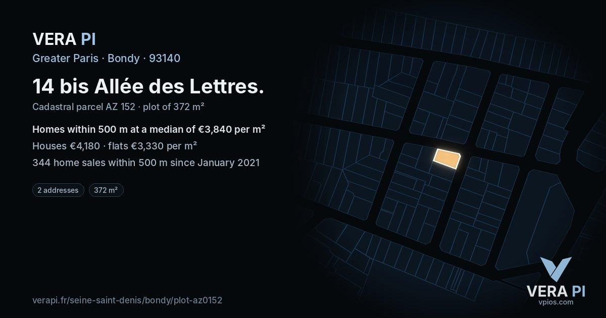 14 bis Allée des Lettres, Bondy at night – the plot lit, the parcels around coloured by the prices near them