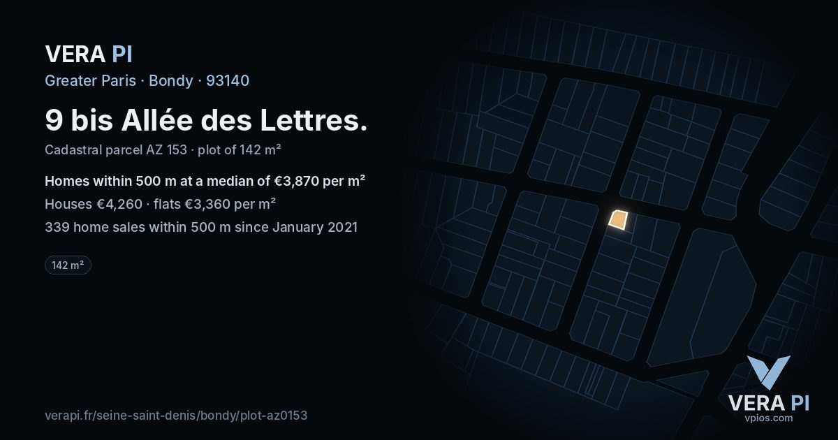 9 bis Allée des Lettres, Bondy at night – the plot lit, the parcels around coloured by the prices near them