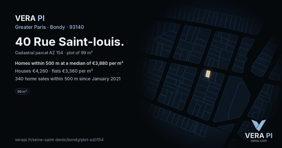 40 Rue Saint-louis, Bondy at night – the plot lit, the parcels around coloured by the prices near them