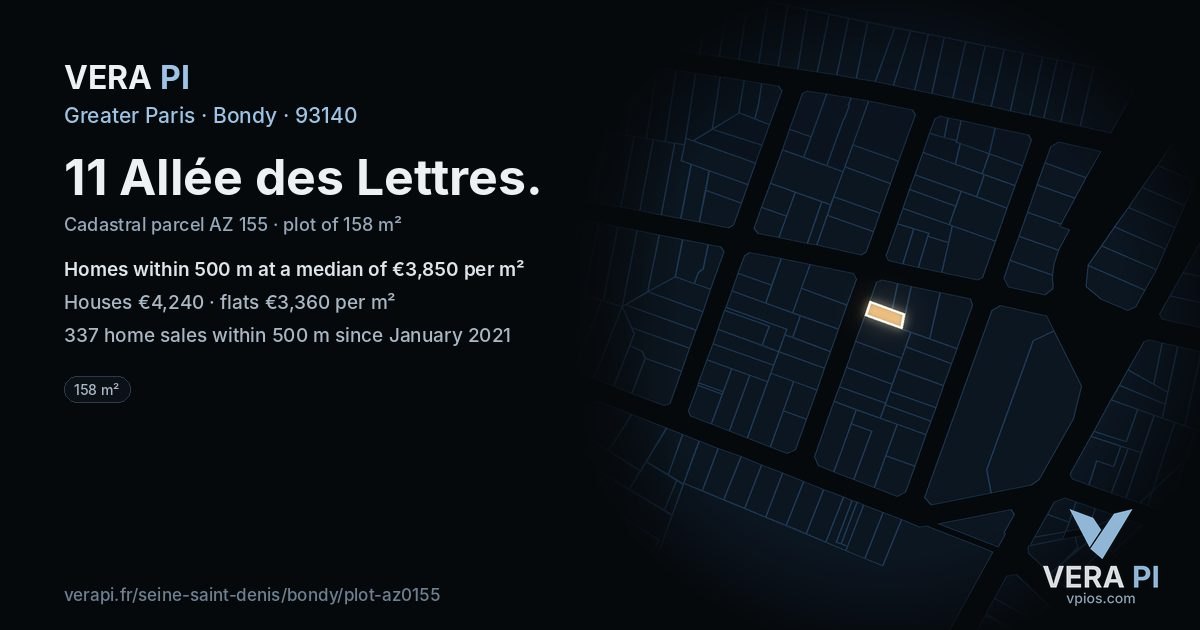 11 Allée des Lettres, Bondy at night – the plot lit, the parcels around coloured by the prices near them