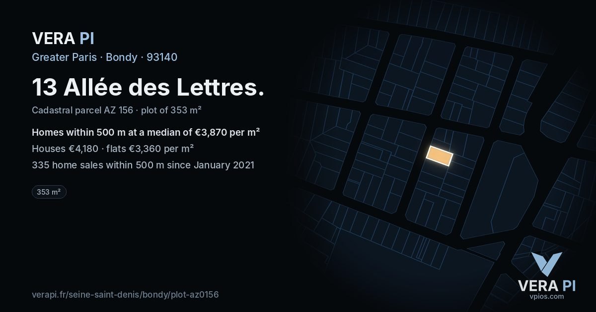 13 Allée des Lettres, Bondy at night – the plot lit, the parcels around coloured by the prices near them