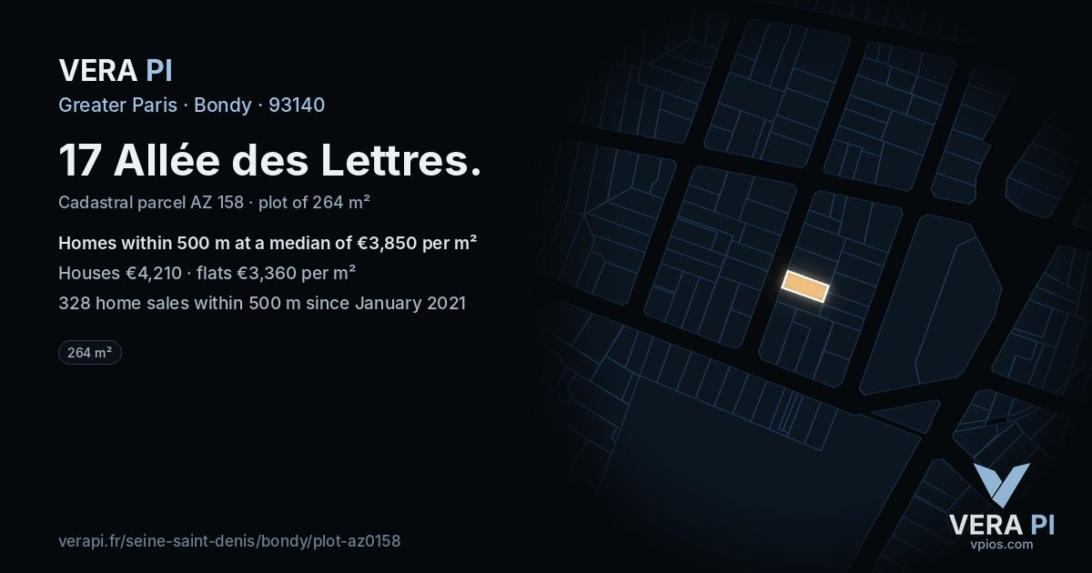 17 Allée des Lettres, Bondy at night – the plot lit, the parcels around coloured by the prices near them