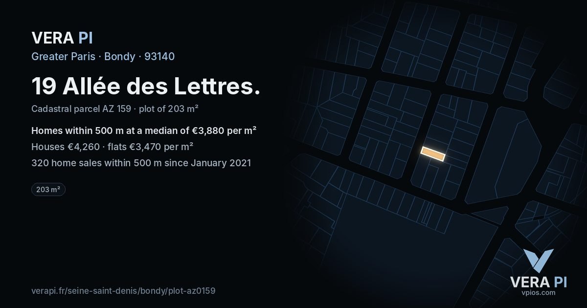 19 Allée des Lettres, Bondy at night – the plot lit, the parcels around coloured by the prices near them