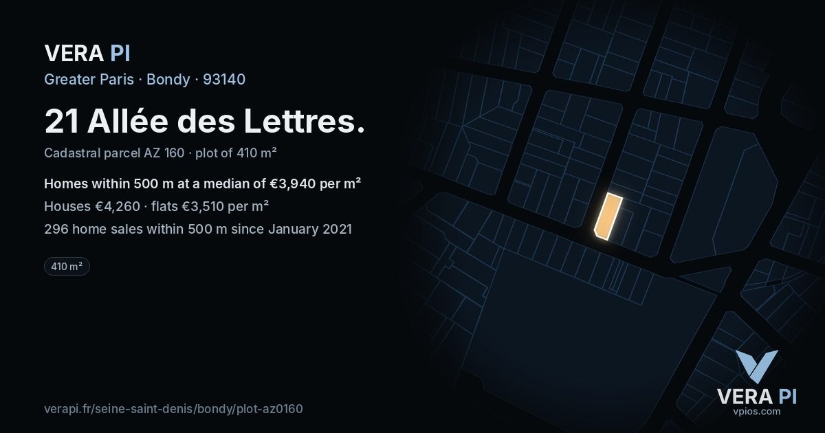 21 Allée des Lettres, Bondy at night – the plot lit, the parcels around coloured by the prices near them