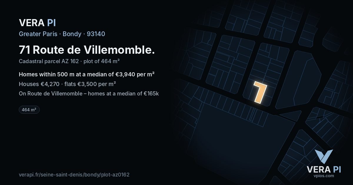 71 Route de Villemomble, Bondy at night – the plot lit, the parcels around coloured by the prices near them