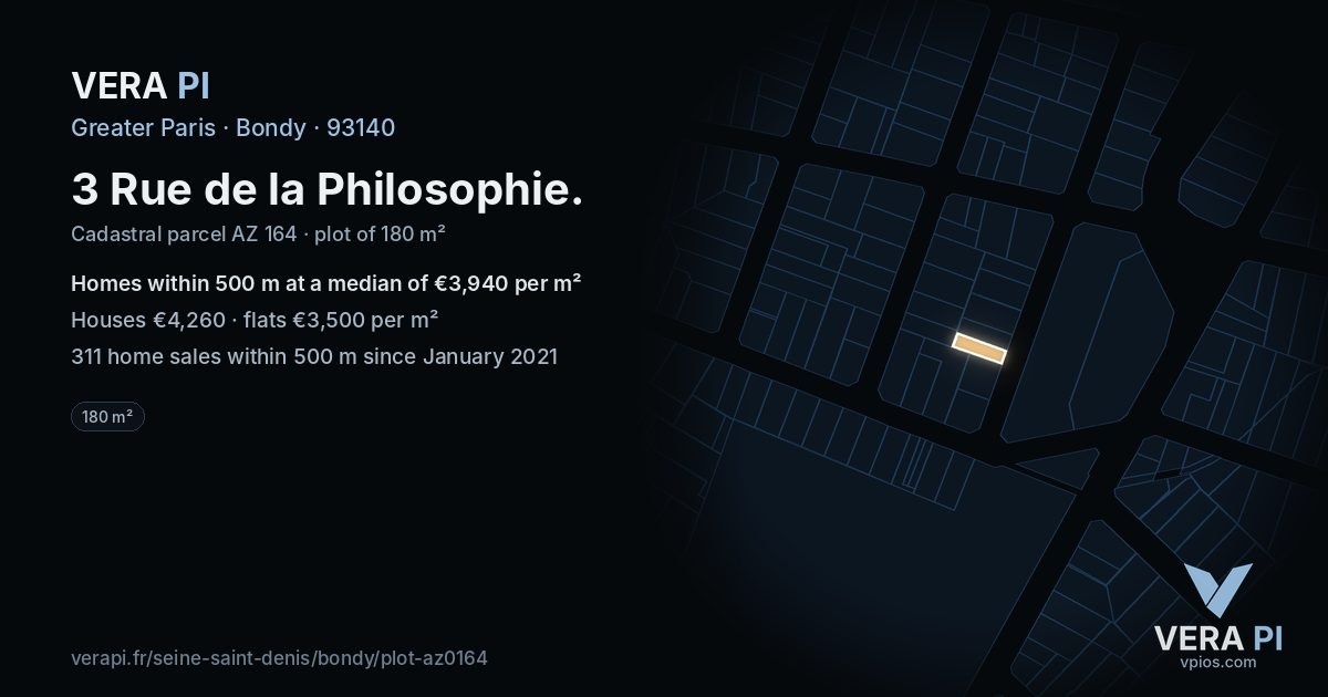 3 Rue de la Philosophie, Bondy at night – the plot lit, the parcels around coloured by the prices near them
